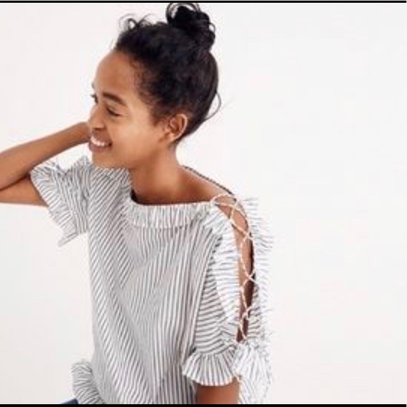 Madewell Tops - Madewell Ruffle Stripe Open Laceup Sleeves Top M